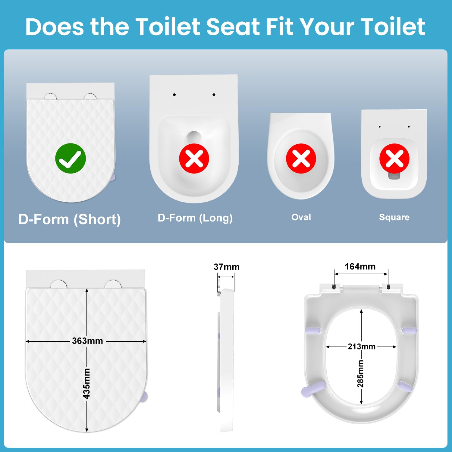 YEAUPE PRO Sedile WC a forma di D, coperchio LOO in PP bianco, design a diamante, sgancio rapido per una facile pulizia, fissaggio superiore, cerniere regolabili, antiscivolo, universale, per bagno
