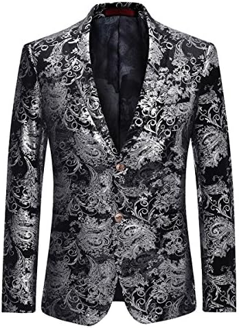 Cloudstyle Men's Dress Floral Suit Notched Lapel Slim Fit Stylish Blazer, Silver, Large