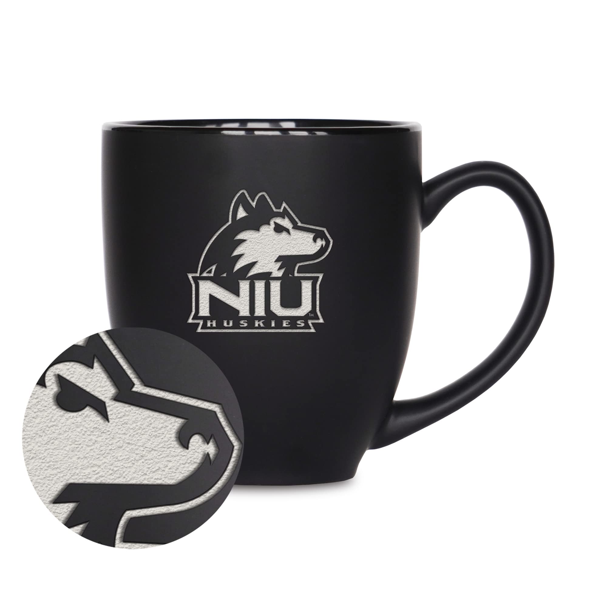 Rico Industries NCAA Northern Illinois Huskies Main 16oz Matte Black Bistro Mug - for Hot or Cold Drinks - Team Logo Etched for Unique Feel