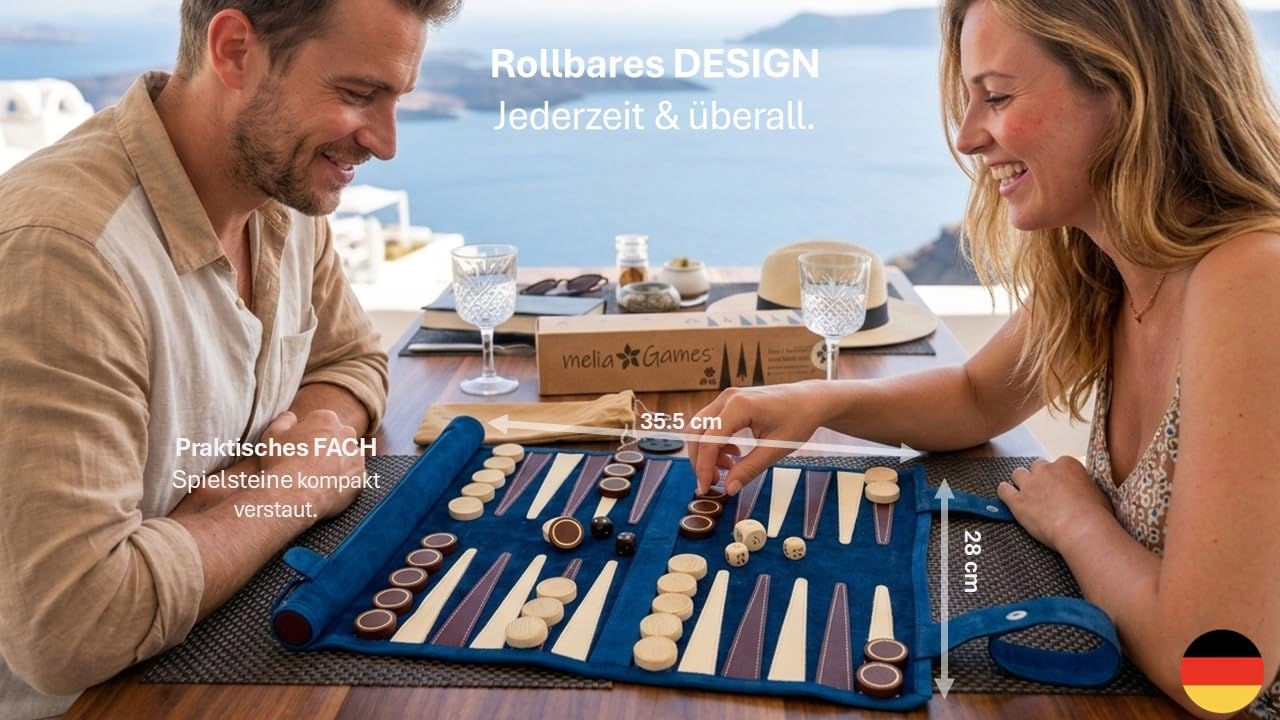 Backgammon do jazdy na kółkach, z najlepszej skóry nubukowej, z ręcznie wykonanymi drewnianymi klockami (Les Bleus)