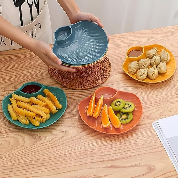 FIKKANI Wheat Straw Chip and Dip Serving Platter Set Divided Snack Plates Set| Sushi Plates with Sauce Section| Perfect for Chip & Dip| Dumpling| Appetizer (4, Blue) 4