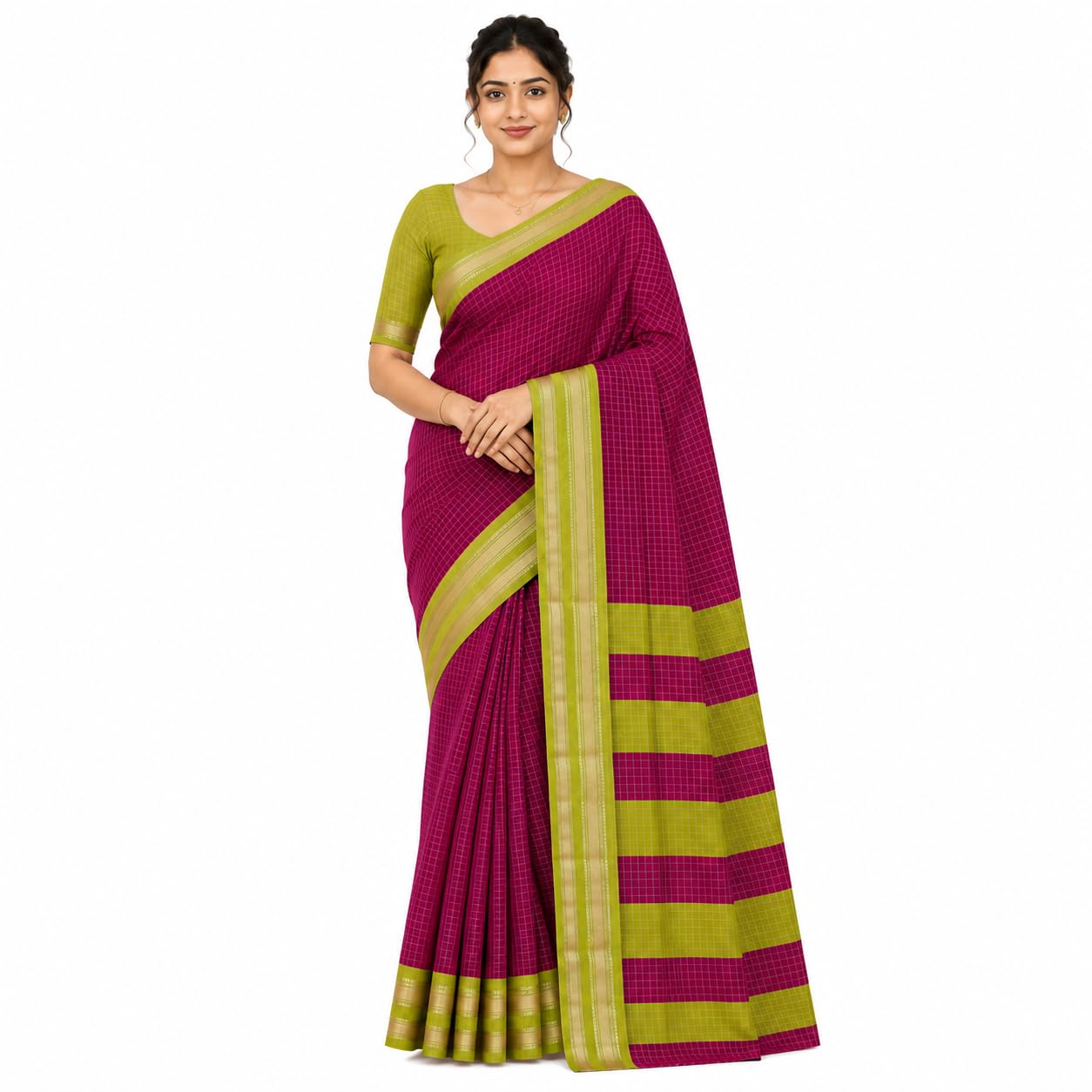 Women's Magenta Viscose Georgette Silk Saree with Parrot Green Border and Unstitched Blouse Piece | Woven Check Pattern Saree-image-42