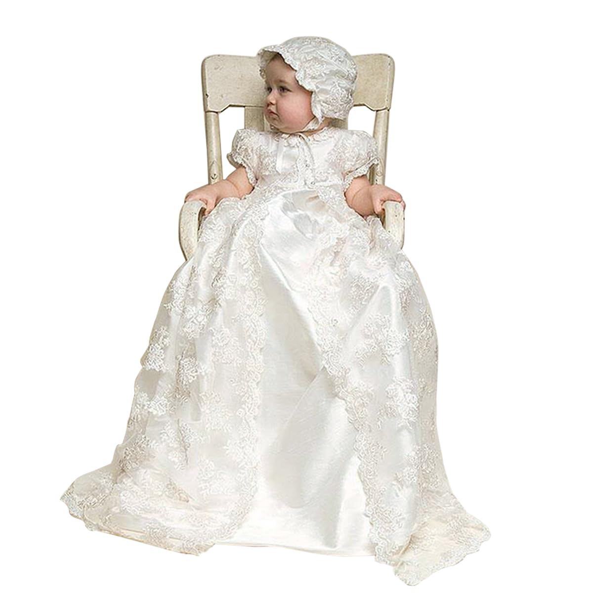 CAMDOM Baby Lange Taufe Kleider 3pcs Weiße Spitze Taufe Kleid Anzug mit Mütze