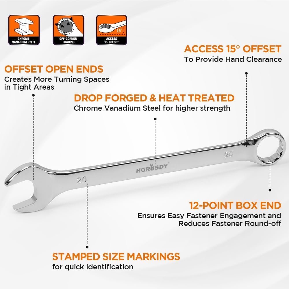 HORUSDY 15-Piece Metric Wrench Sets, Premium Combination Wrench Set Metric 8-22mm, Max Torque, 12-Point - Image 2