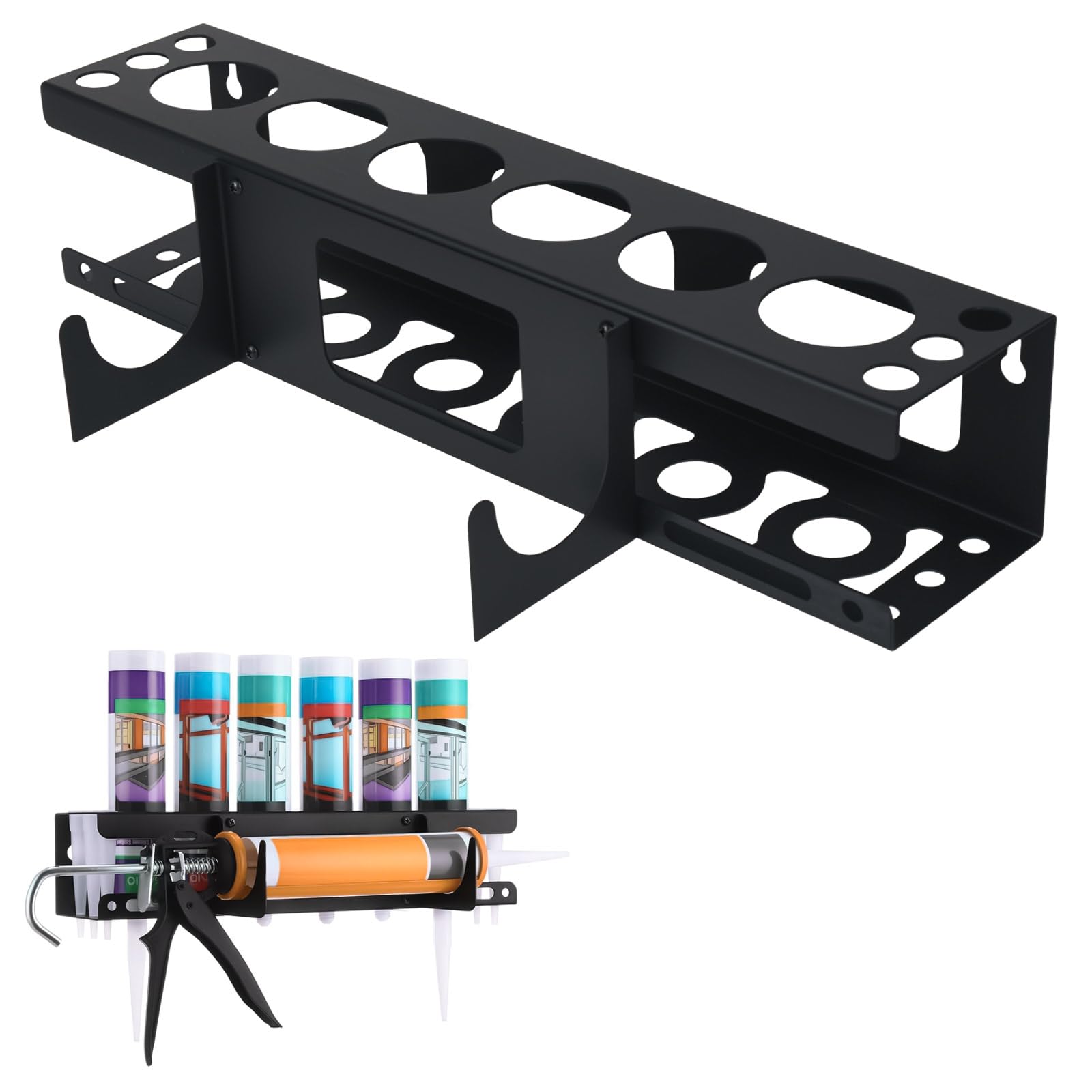 YYTECH Silicone Tube Holder Storage, Rustproof Mastic Cartridge Organiser, Wall Mounted Caulking Tube and Caulking Gun Storage Rack, Van Accessories Holds 6 Tubes and Nozzles for Workshop Garage
