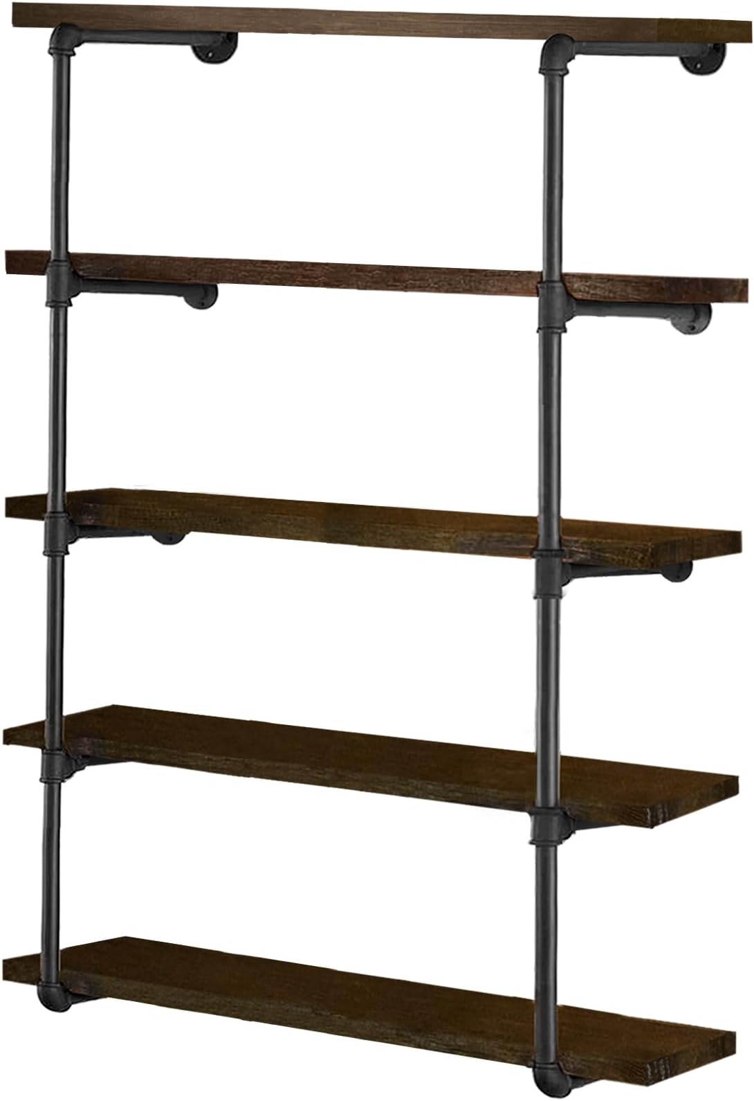HITOMEN 2Pc (56" Tall 12" Deep) Industrial Iron Pipe Shelves Shelf Brackets Black Vintage Retro Shelving Wall Mounted DIY Open Bookshelf Rustic Farmhouse Pantry Kitchen Storage (5 Tiers Hardware Only)