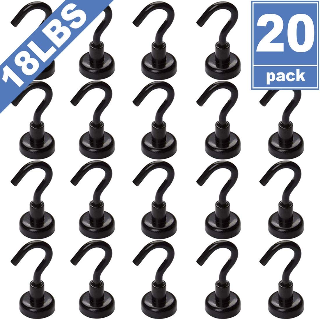 FINDMAG20 Pack Magnetic Hooks, 22 lb+ Pull Extra Strong Neodymium Magnet Hooks, Magnetic Hook Heavy Duty for Fridge, Magnets with Hook for Hanging, Towel,Kitchen, Bedroom,Bathroom
