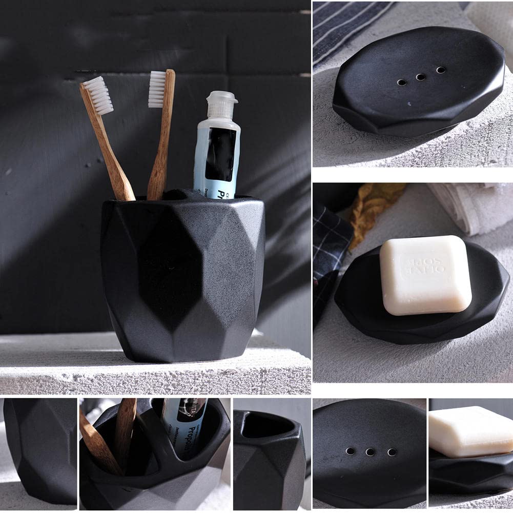 JINYISI Juego de accesorios de baño, juego de accesorios de baño de cerámica de 5 piezas, juego de soporte para cepillo de dientes, accesorios de baño (negro/blanco)