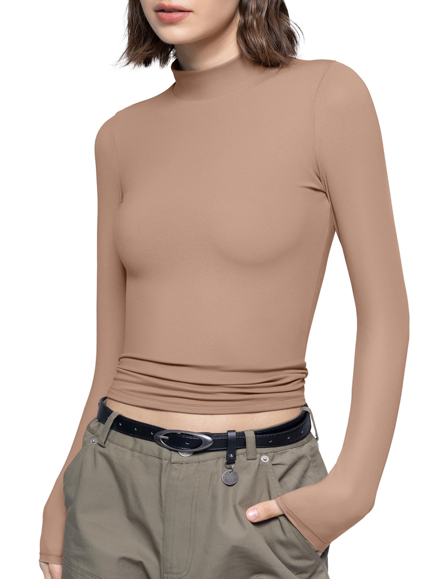 PUMIEYWomen's Long Sleeve T Shirts Mock Turtleneck Slim Fit Tops Sexy Basic Tee Smoke Cloud Pro Collection