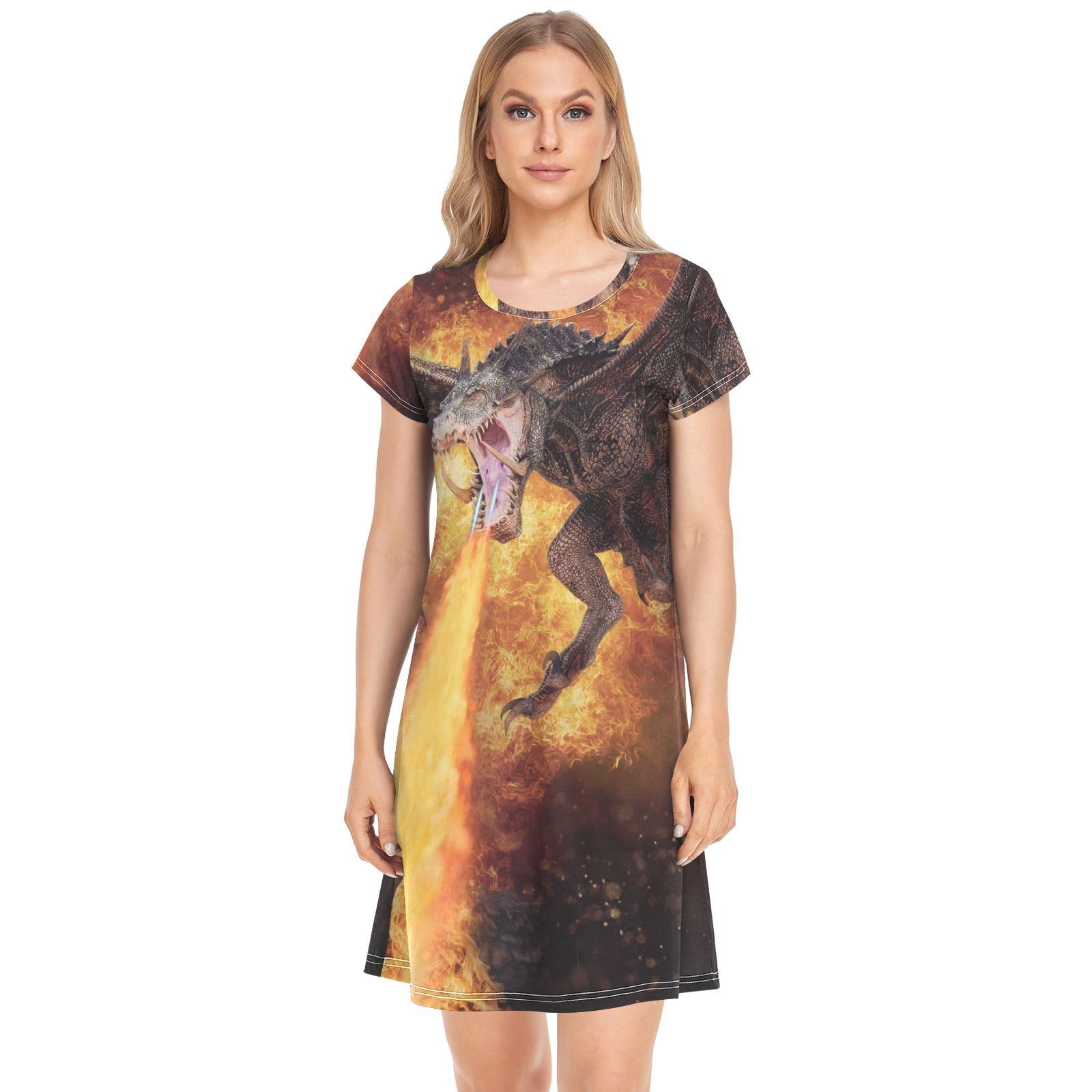 YOUJUNER Women's Nightdress Fantasy Dragon Nighties Nightgown Short Sleeve Nightshirt Sleepwear Loungewear T-Shirt Dress