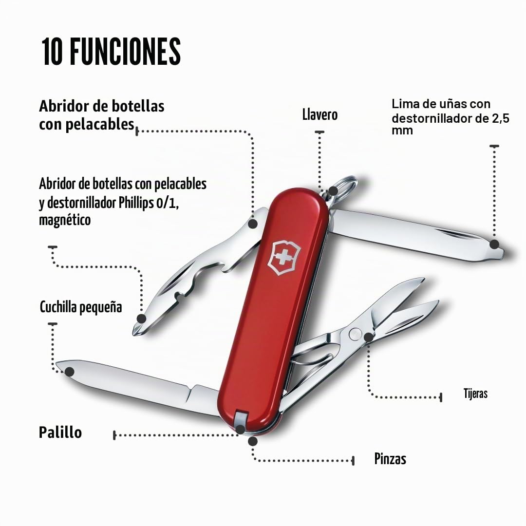Victorinox Navaja suiza de bolsillo Rambler, pequeña, 10 funciones, Hecha en Suiza, multiherramienta con destornillador Phillips, tijeras, rojo