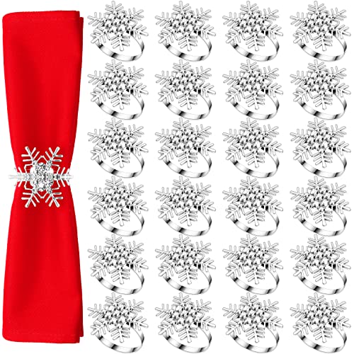 Set of 24 Christmas Snowflake Napkin Rings Bulk Silver Rhinestone Cloth Napkin Holders Xmas Metal Serviette Buckle Holders for Holiday Party Dinning Room Table Setting Decor