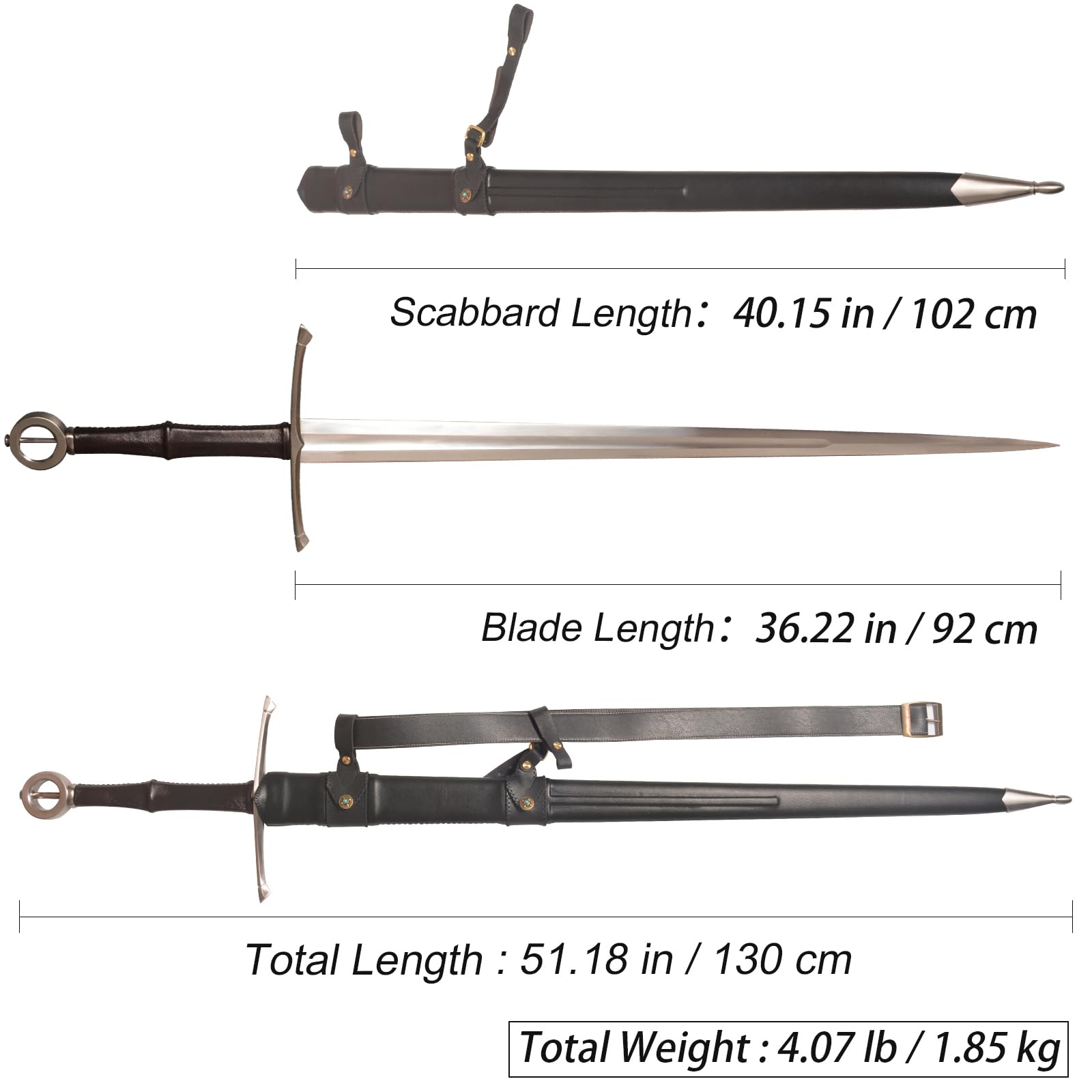 Mittelalterliches schwarzes westliches Schwert mit scharfer Klinge aus Manganstahl Echtes Schwert Mit Gürtel geliefert Gesamtlänge 51,18 Zoll Für Ausstellung, Geschenk, Sammlung