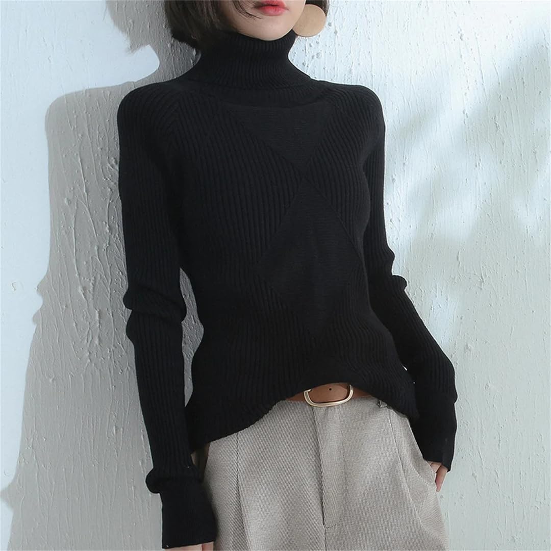 Maglione da donna a collo alto lavorato a maglia, tinta unita, casual, a maniche lunghe