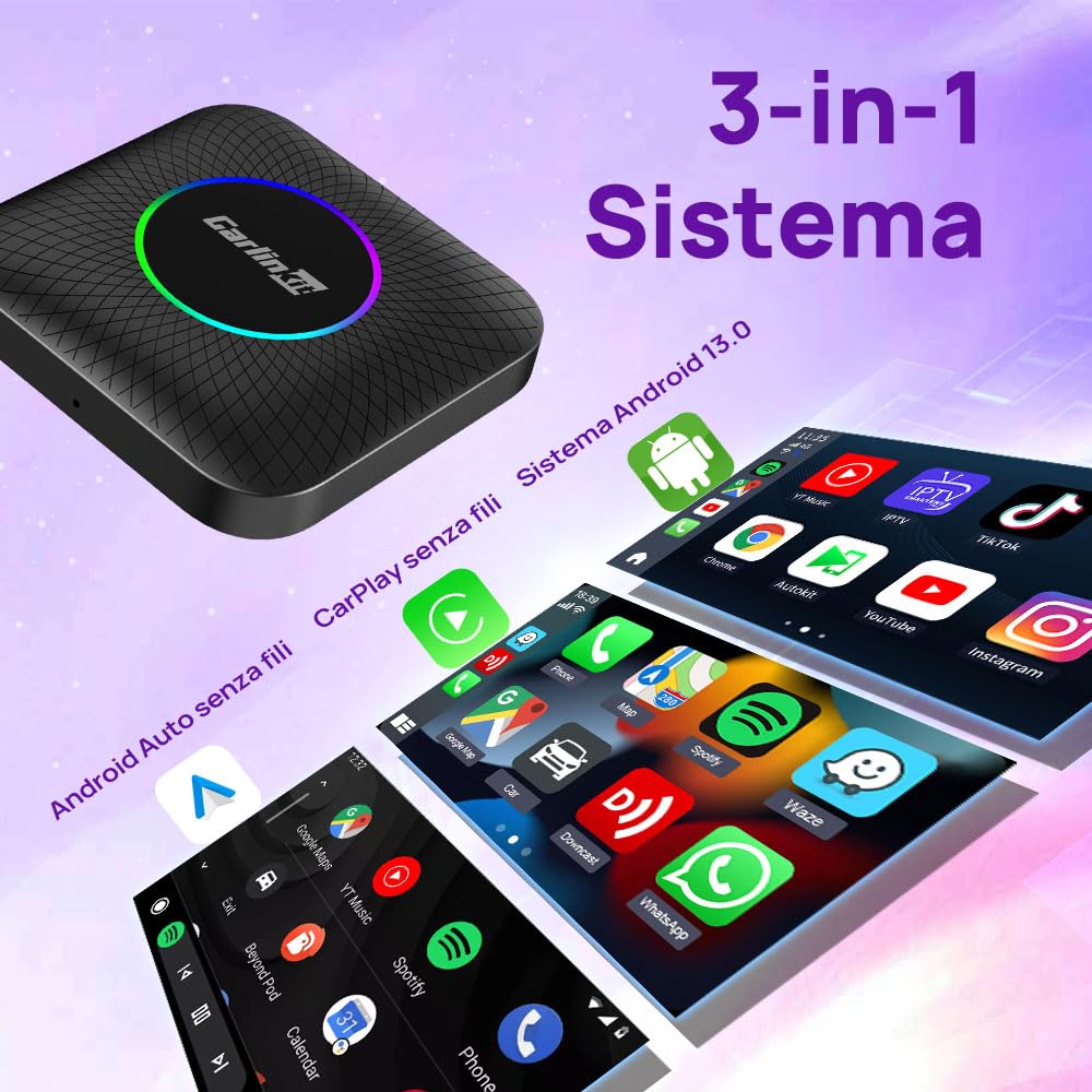 CarlinKit Tbox Ambient Android 13.0 CarPlay AI BOX,RAM 8GB+ROM 128GB,Adattatore Wireless CarPlay e Wireless Android Auto/Guarda Netflix, YouTube, SM 6225/Google Play Store/Aggiornamento OTA
