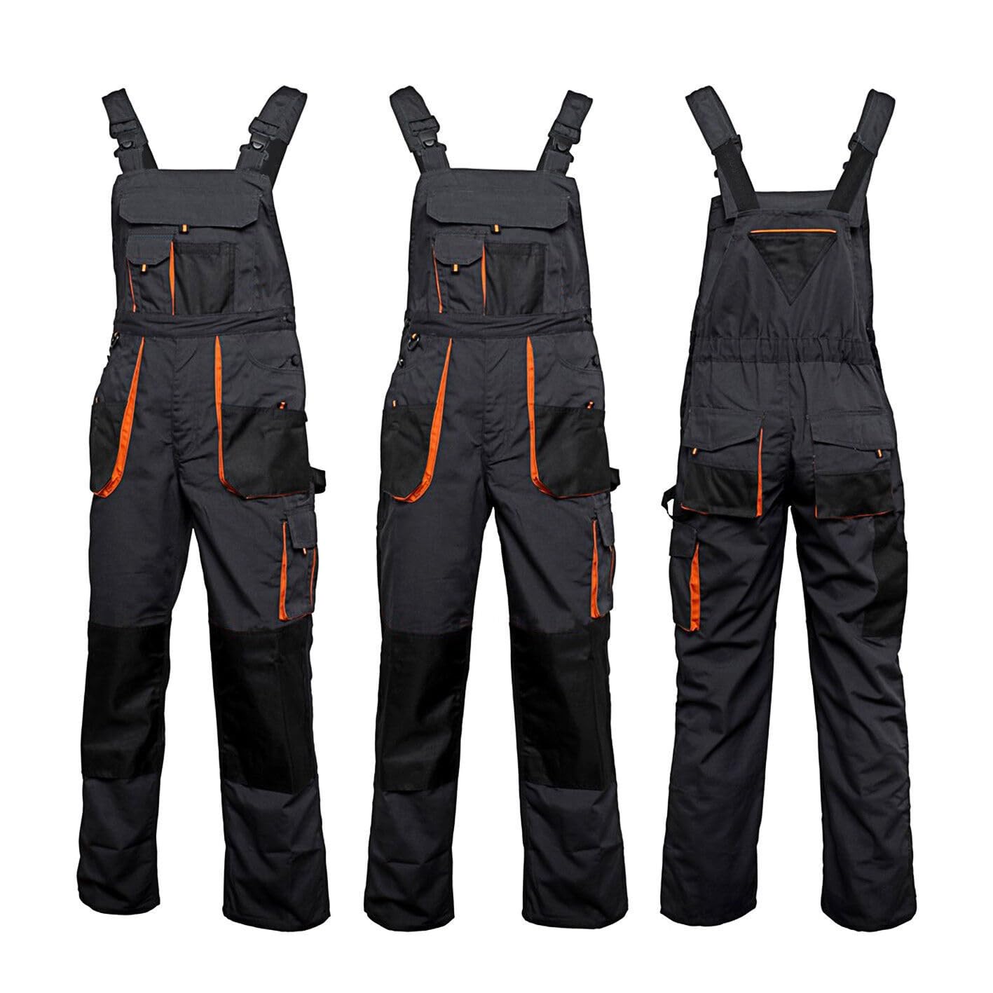 Salopette da lavoro da uomo, classica, multitasche, pantaloni regolabili in vita, bretelle larghe, fibbie solide, abbigliamento da lavoro rinforzato grigio - arancione