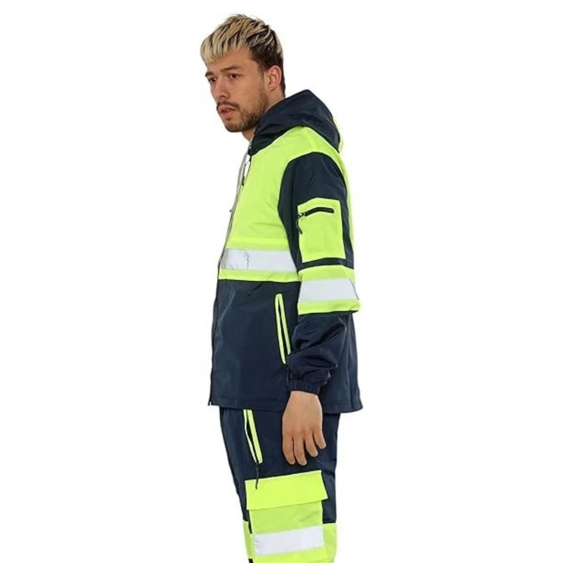 janisramone Męski dres odblaskowy o wysokiej widoczności, bluza z kapturem z długim rękawem, zapinana na zamek błyskawiczny, spodnie z elastyczną talią, deszcz, bezpieczna odzież robocza, wodoodporna