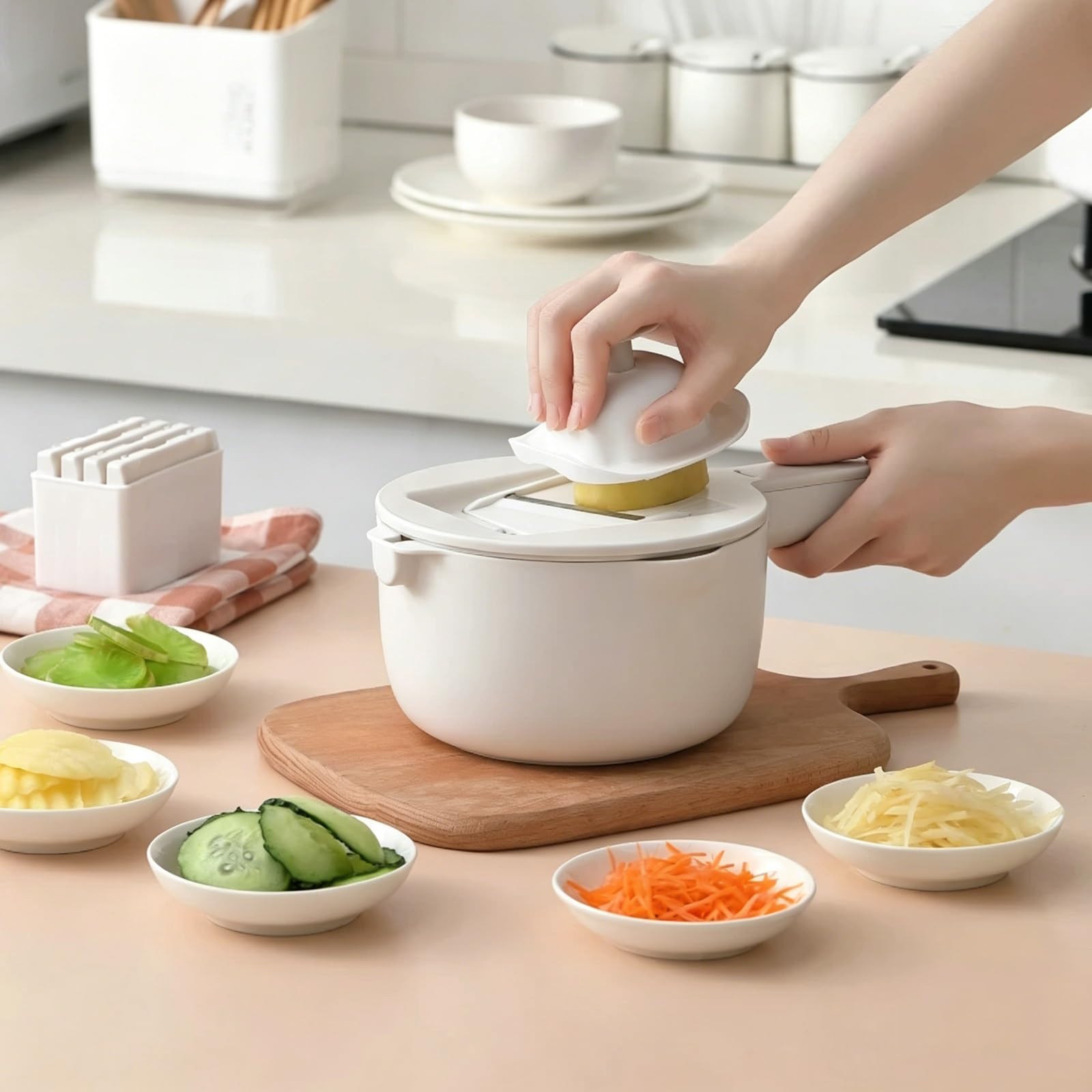 Cortador de Verdura, Mandolina de Cocina Profesional, Picador Verduras con Recipiente, Protectores Manos Resistentes Para Proteger tus Manos, Cortador Frutas, Utensilio