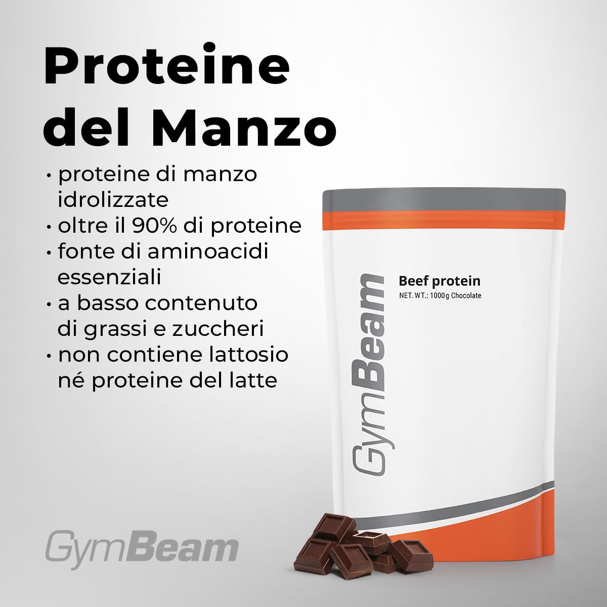 GymBeam Proteine del Manzo – Proteine in Polvere Idrolizzate con Oltre il 90% – Senza Lattosio, Basso Contenuto di Grassi e Zuccheri – Ideali come Post-Workout (1000 g, Cioccolato)