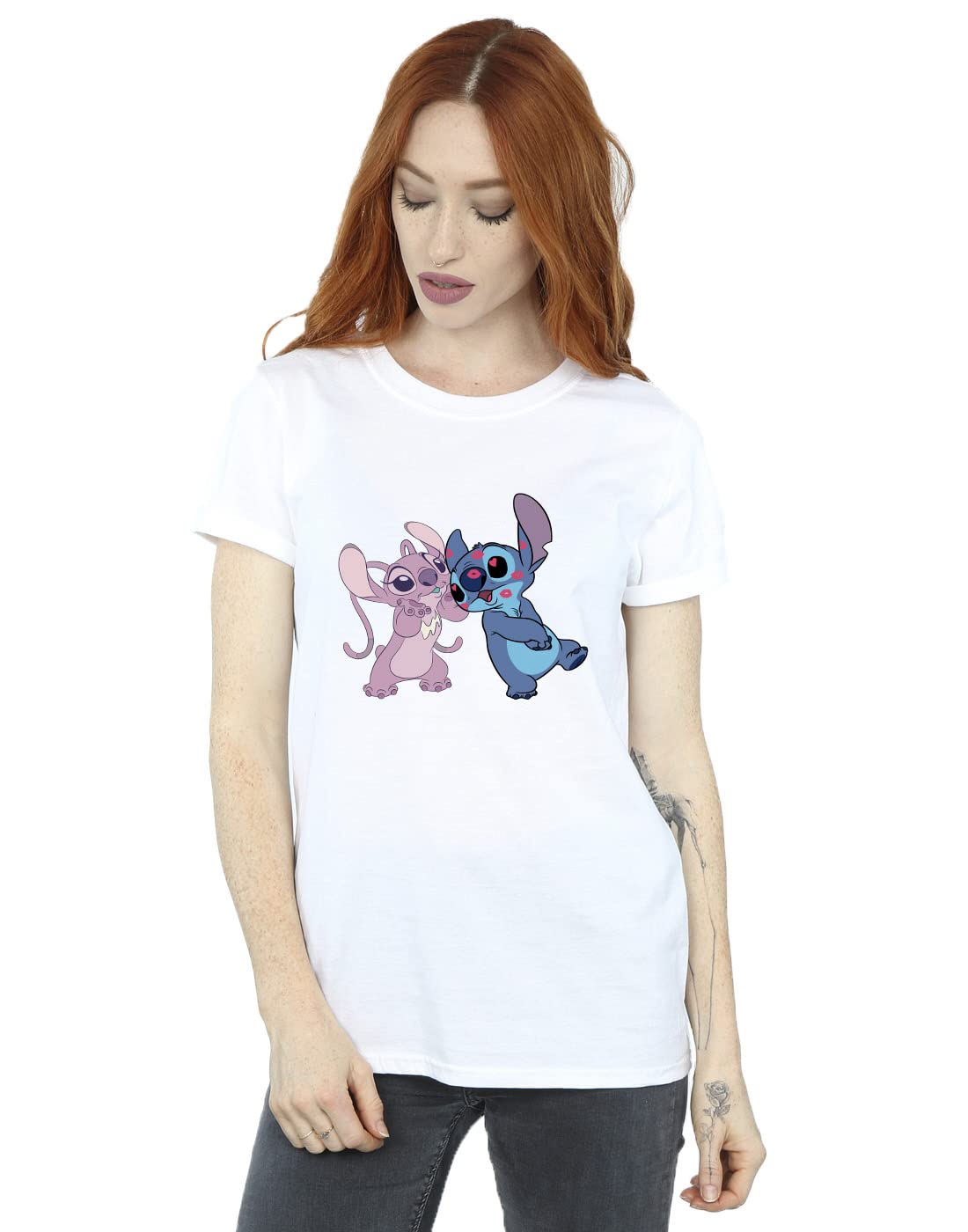 Absolute Cult Women's White Disney Lilo & Stitch Kisses Boyfriend Fit T-Shirt Large