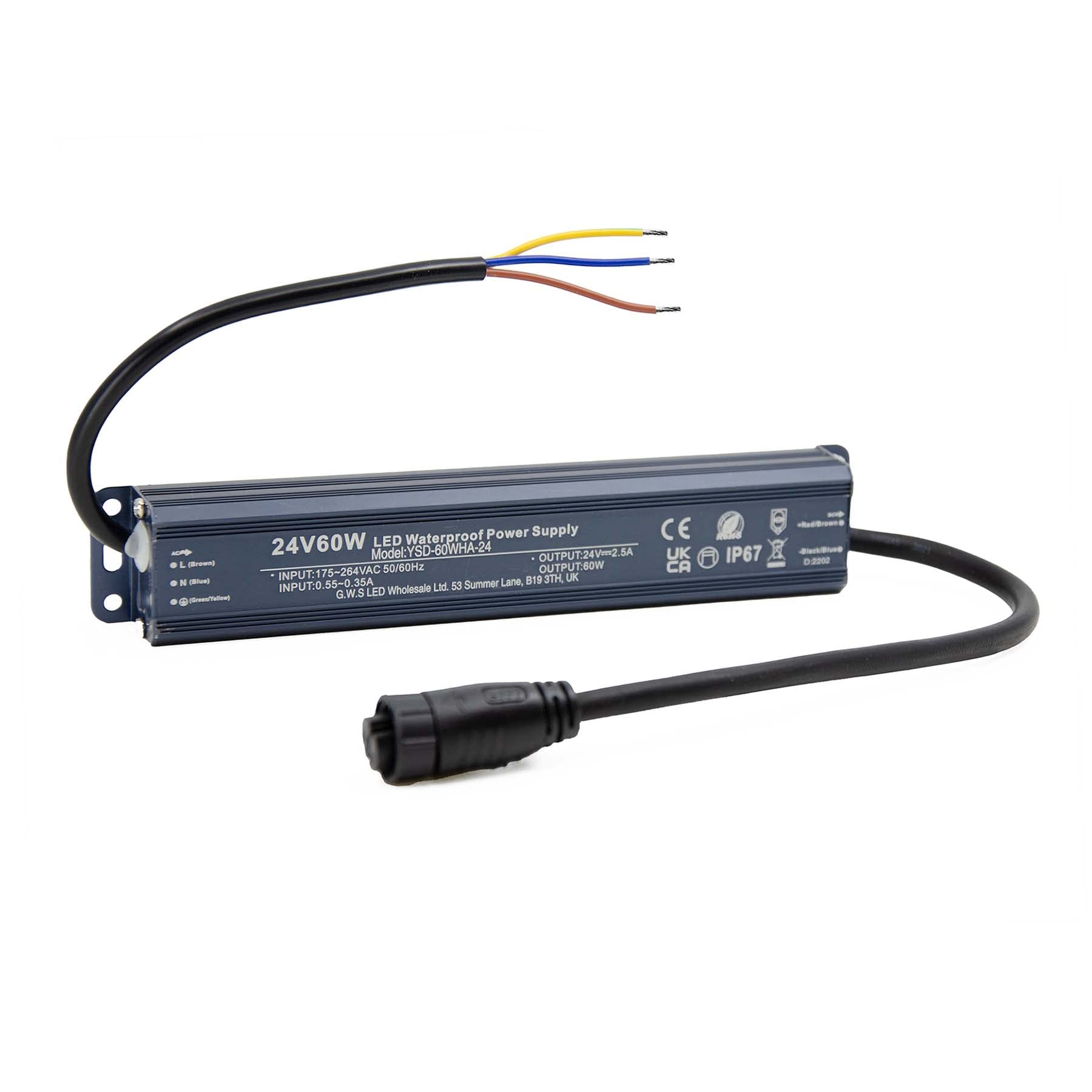 G.W.S® LED Wall Washer Driver Transformer Power Supply, DC24V 2.5A 60W, IP67 Waterproof
