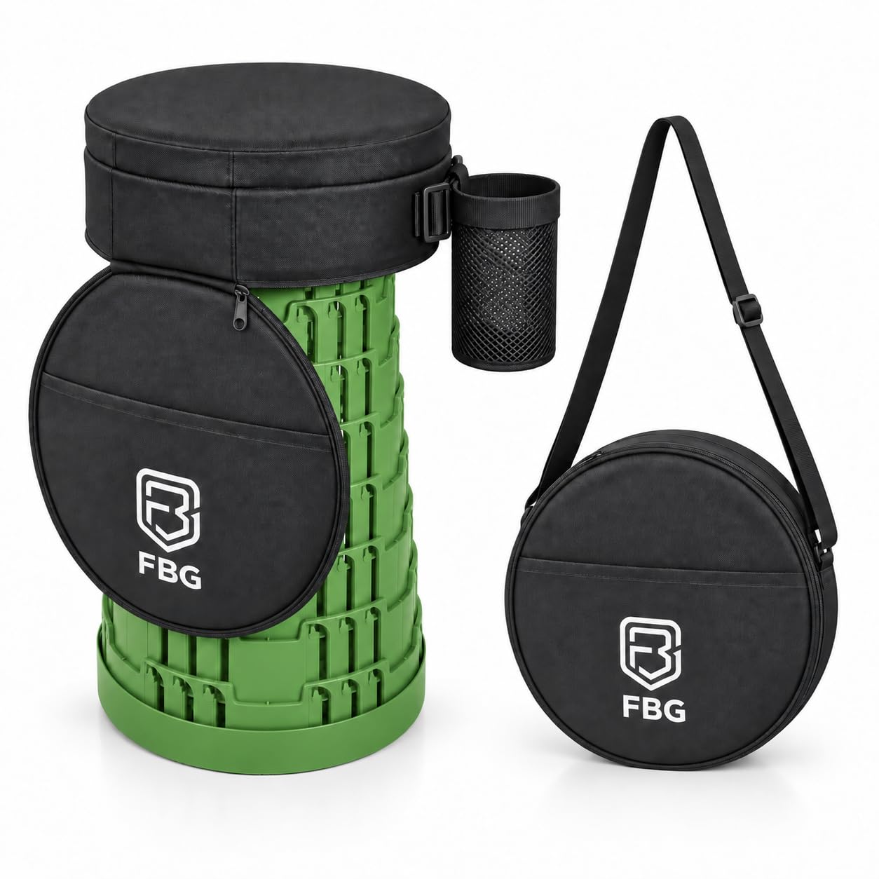 FBG Telescopic Folding Stool Retractable Collapsible Seat - Army Green | 250kg / 550lbs Load Capacity, Padded Carry Bag & Cup Holder, Adjustable Lightweight Design | Camping, Festival, Garden, Hiking