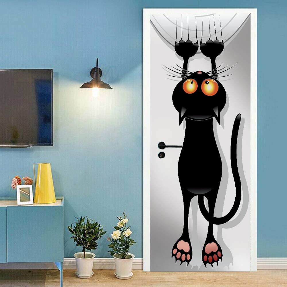 Sticker de porte chat noir 88x200cm trompe l'oeil amovible