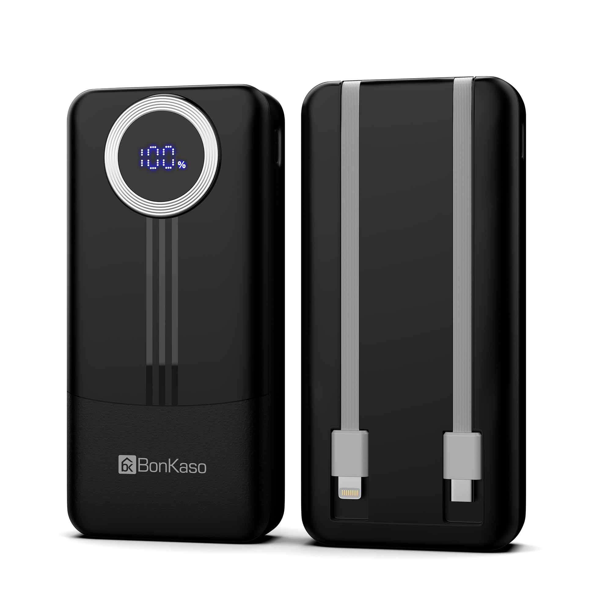 BonKaso 20000mAh Power Bank 22.5W PD Fast Charging with Built-in Type-C Cable, USB-A & Type-C Output, Digital LED Display, Portable Slim Powerbank for iPhone, Android, Tablets – Black