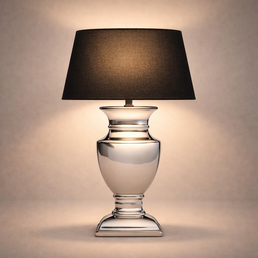 Tischlampe mit Schwarzem Stoffschirm & silbernem Keramikfuß – 53 cm Nachttischlampe mit Kabelschalter – Platzsparende Tischleuchte für Schlafzimmer, Wohnzimmer, Büro – Dekolampe E27, Leselampe