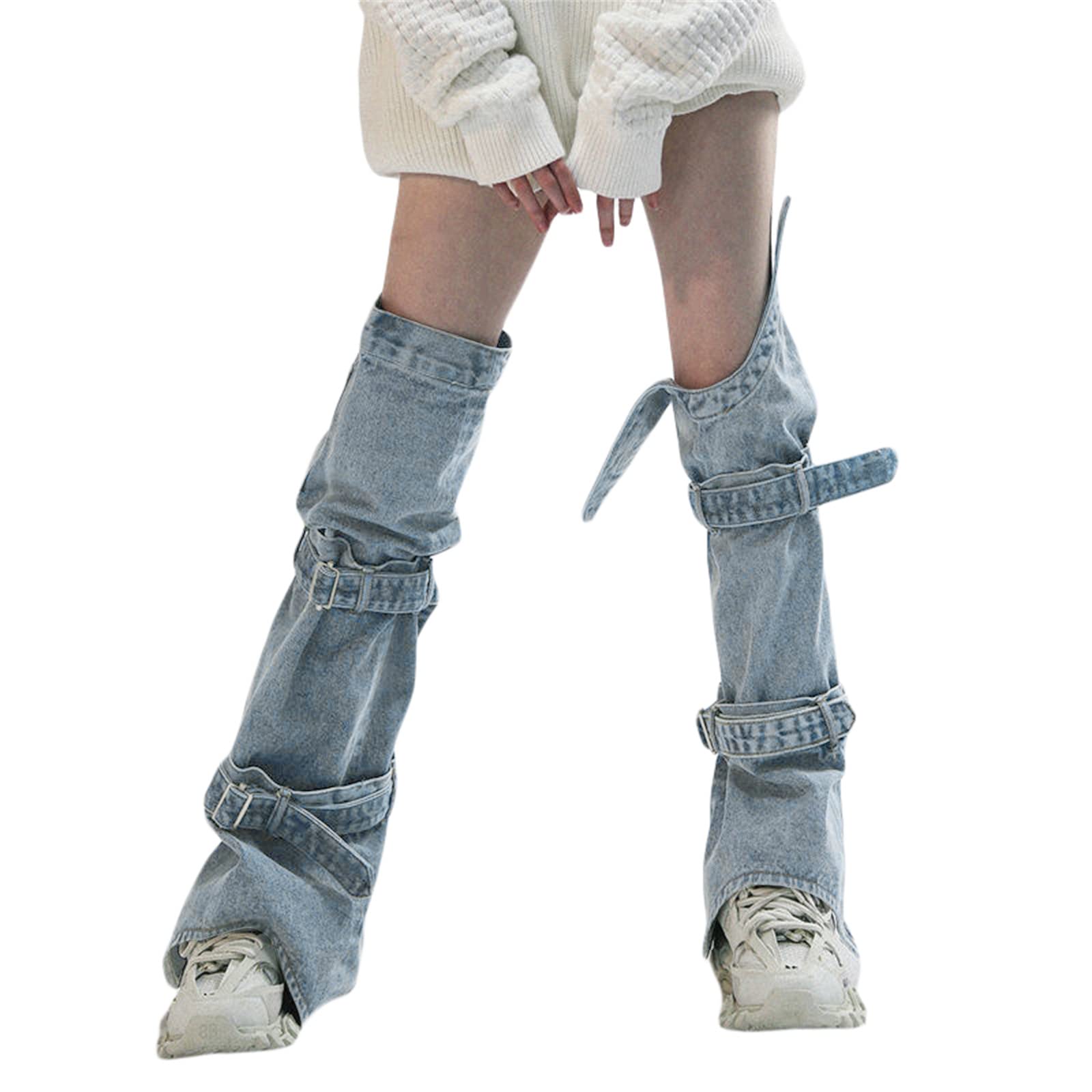Womens Demin Leg Warmers 80s Harajuku Punk Knee High Leg Socks Buckle Cargo Boot Cover Socks Buckled Stockings