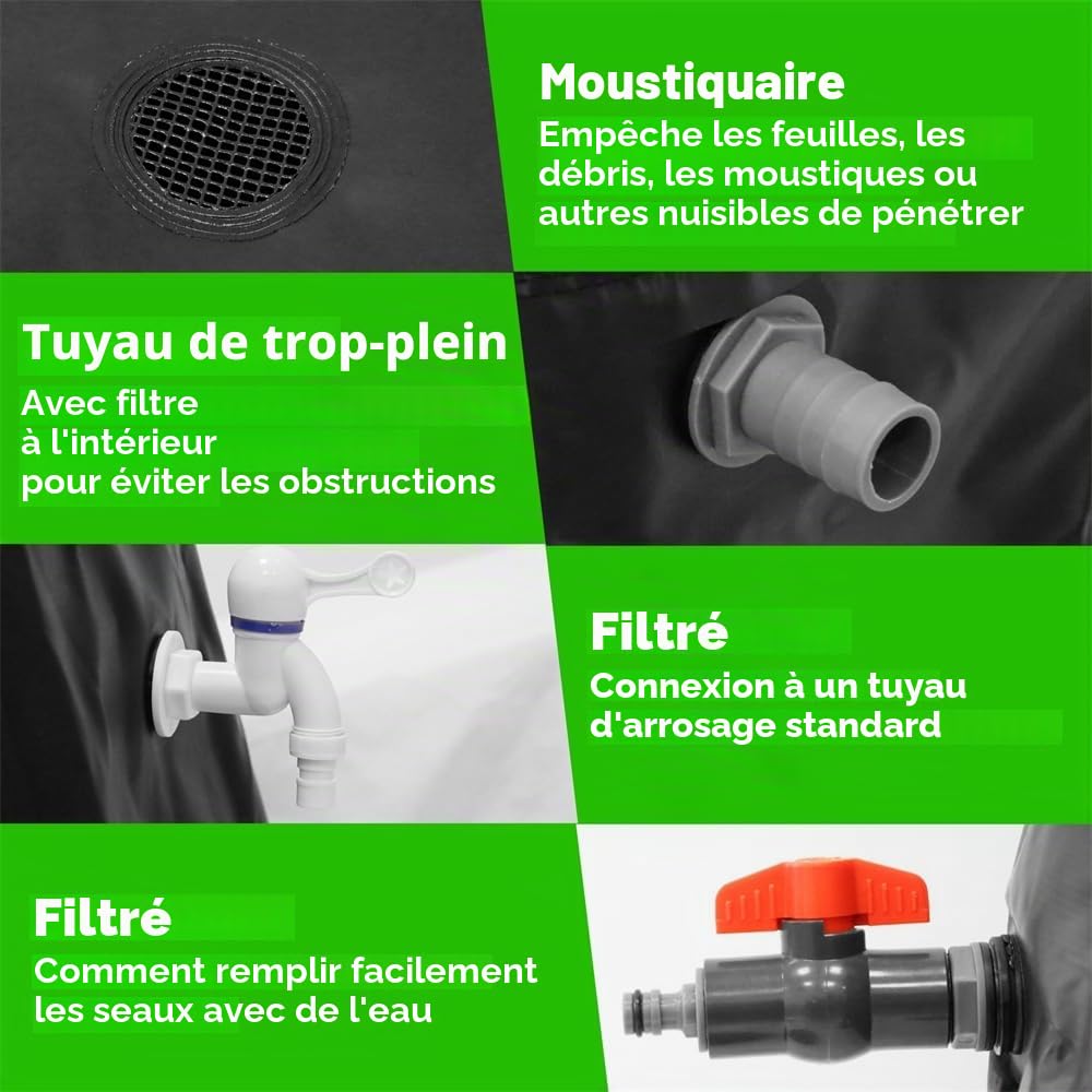 Melko Réservoir de pluie pliable avec robinet, réservoir d'eau de pluie de 500 l, avec protection contre le trop-plein, livré avec tuyau d'eau de 2 mètres avec raccord baril de pluie, résistant à la