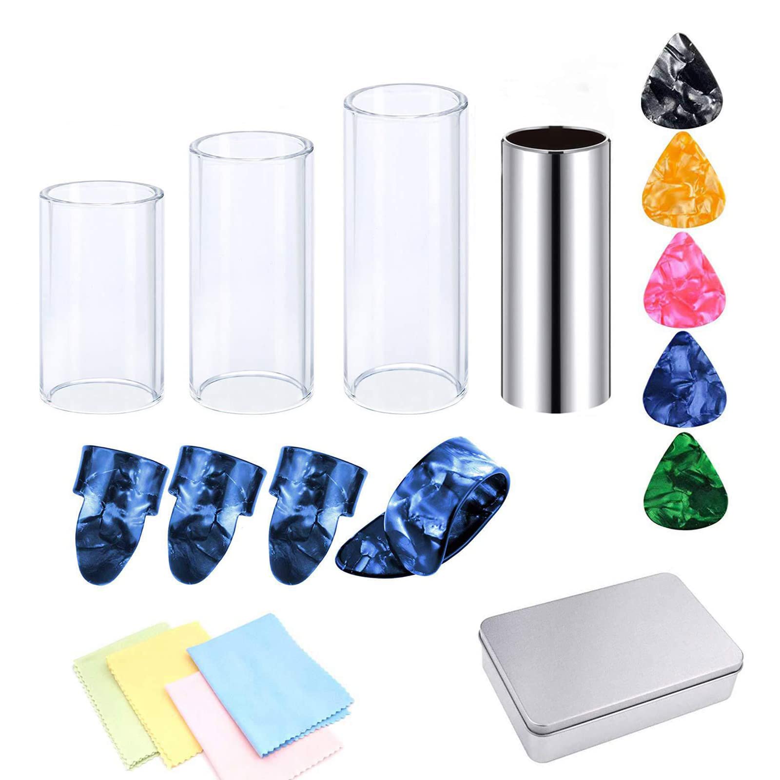 4 Pièces Glissoirs pour Glisse de Guitare en Acier Inoxydable et Verre, 5 Médiators pour Glisse + 4 Médiators du Pouce et Doigt, pour Basses, Moyenne