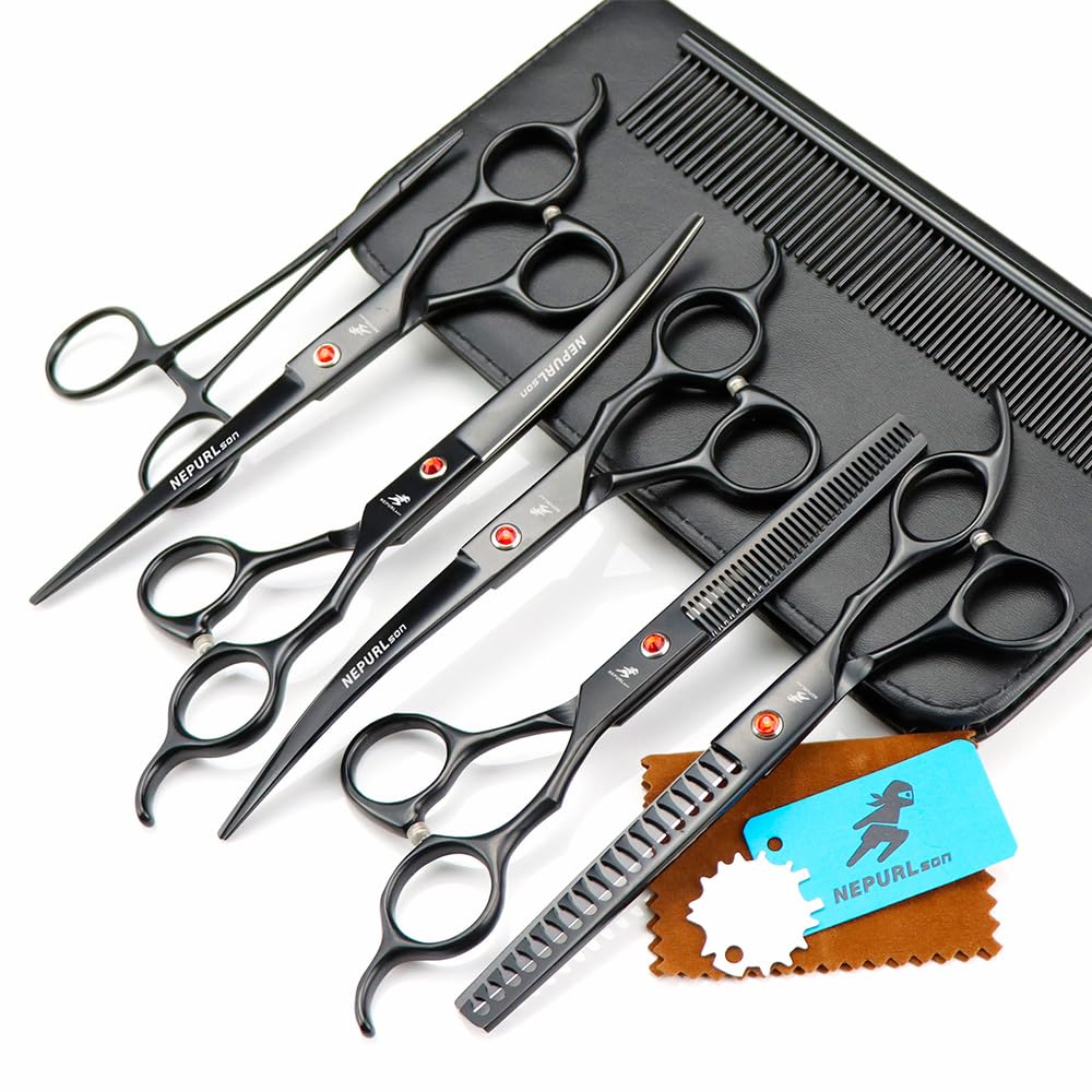 Professional Pet Grooming Scissors Set - Precision Cut, Thinning Shears, and Straight/Curved Scissors for Dogs and Cats - 6 Piece Kit (Schwarz)