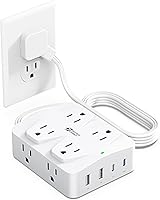 Vista 15 de SUPERDANNY - Regleta de alimentación de carga rápida de 35 W, cable de extensión de enchufe plano de 6 pies (13A/1625W) con 8 tomas anchas y 4 Negro