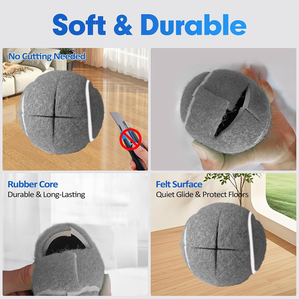 4 Pelotas de Tenis Precortadas para Andadores con Deslizadores de Fieltro, Ajuste Universal para la Mayoría de Andadores y Patas de Muebles, Fácil Instalación.