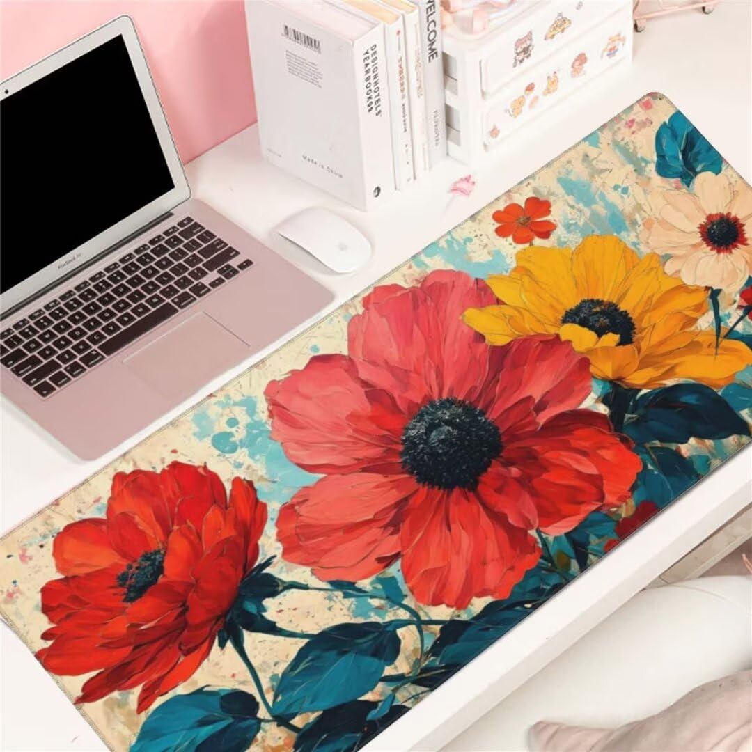 Alfombrilla de ratón 1400x600x3 MM, Alfombrilla Ratón XXL Extendida de Gran Tamaño con Bordes Cosidos, Base de Goma Antideslizante Almohadilla para Teclado, Flores Coloridas S-689