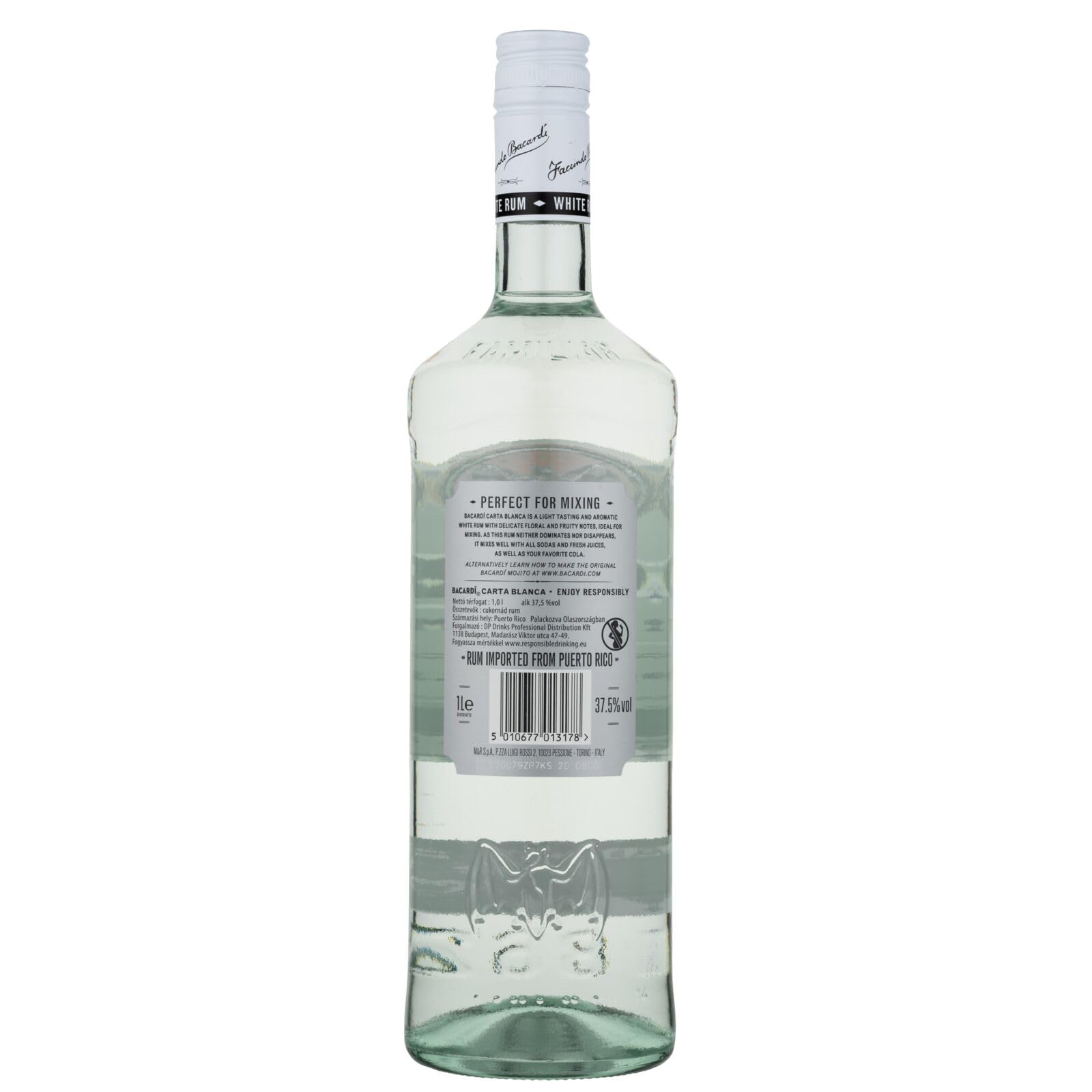 BACARDÍ Carta Blanca Ron Blanco Superior 37,5% ALC. 1 L Ron Caribeño Icónico