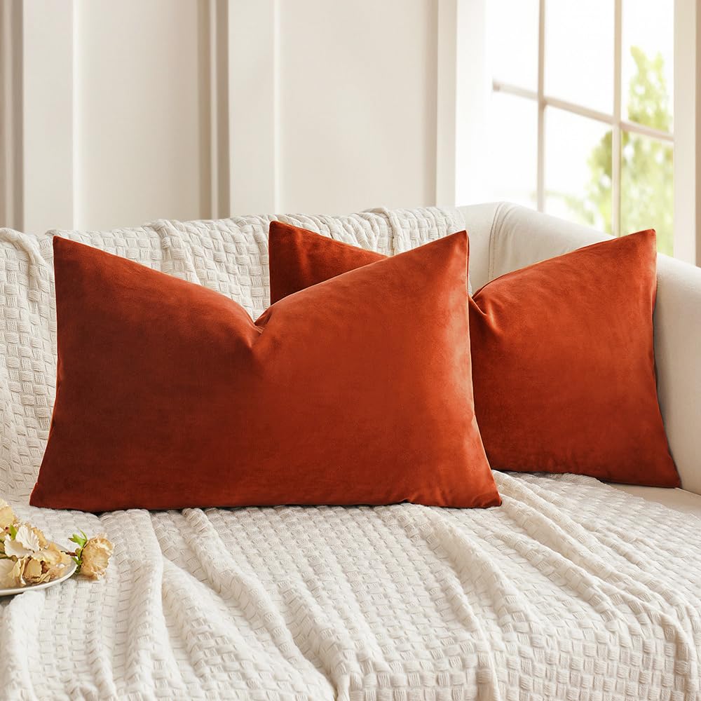 MIULEE Pack of 2 Burnt Orange Velvet Throw Pillow Covers 12x20 Inch Soft Solid Fall Decorative Set Lumbar Autumn Cushion Case Home Decor for Couch Sofa Bedroom