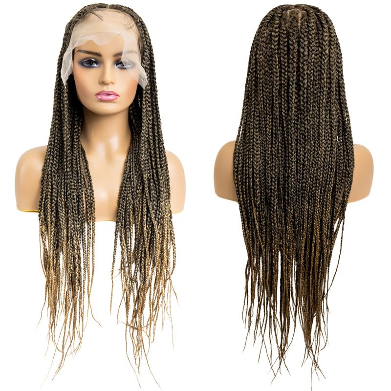 PIB - Peluca trenzada de encaje completo sin nudos de 32 pulgadas para mujeres negras, con cabello natural de bebé (1B27, negro apagado y marrón