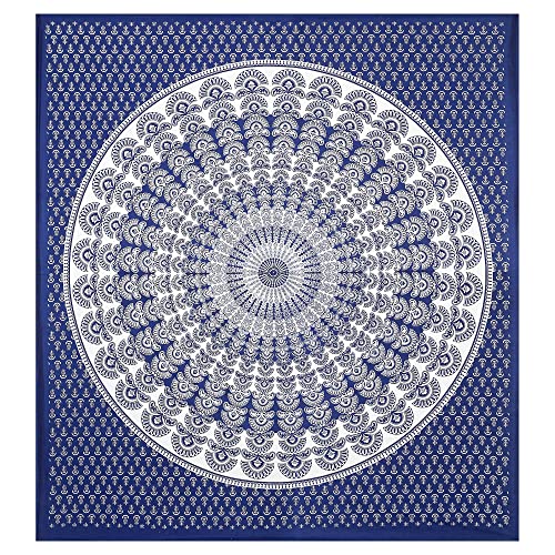 Image of RajasthaniKart Pure 100% Cotton 144TC Double Bed Sheet with 2 Pillow Covers (Bedsheet for Double Bed Cotton, Blue Rangoli) | 144 TC