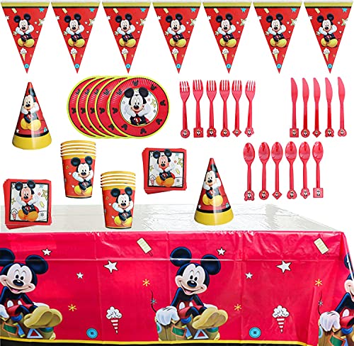 Accessoires de Fête Mickey Mouse Anniversaire Vaisselle de Fête Mickey Vaisselle Fanion Nappe pour Enfants Mickey Mouse Anniversaire Déco