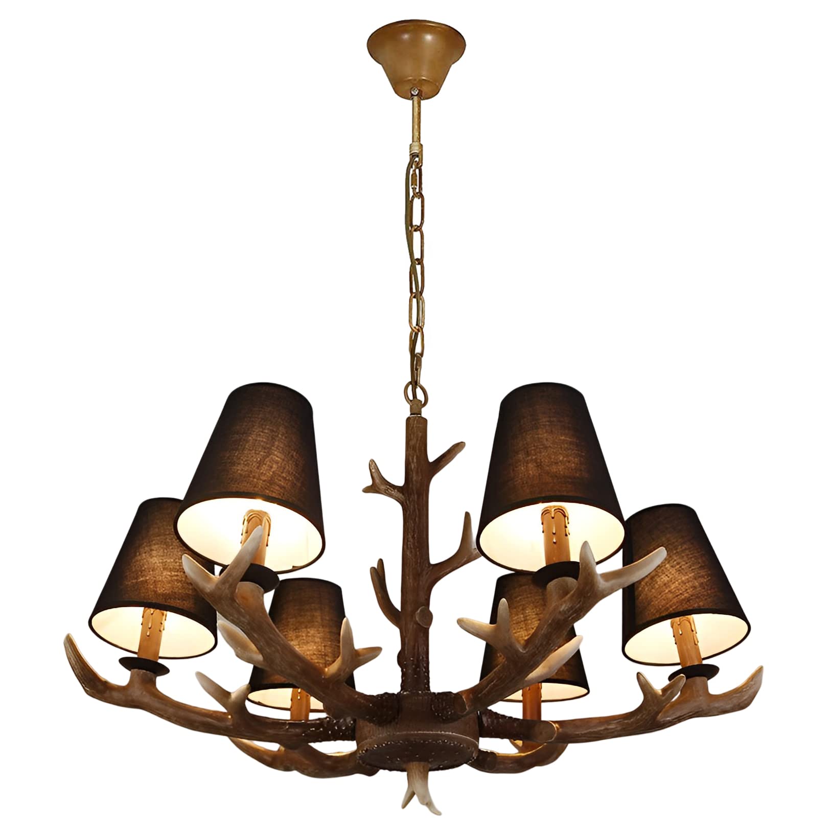 FYZDLAOR 6-Light Rustic Antlers Chandeliers Vintage Deer Horn Pendant Lights Fabric Shade Farmhouse Deco Hanging Chandelier for Living Dining Room Loft Ceiling Lighting Fixture