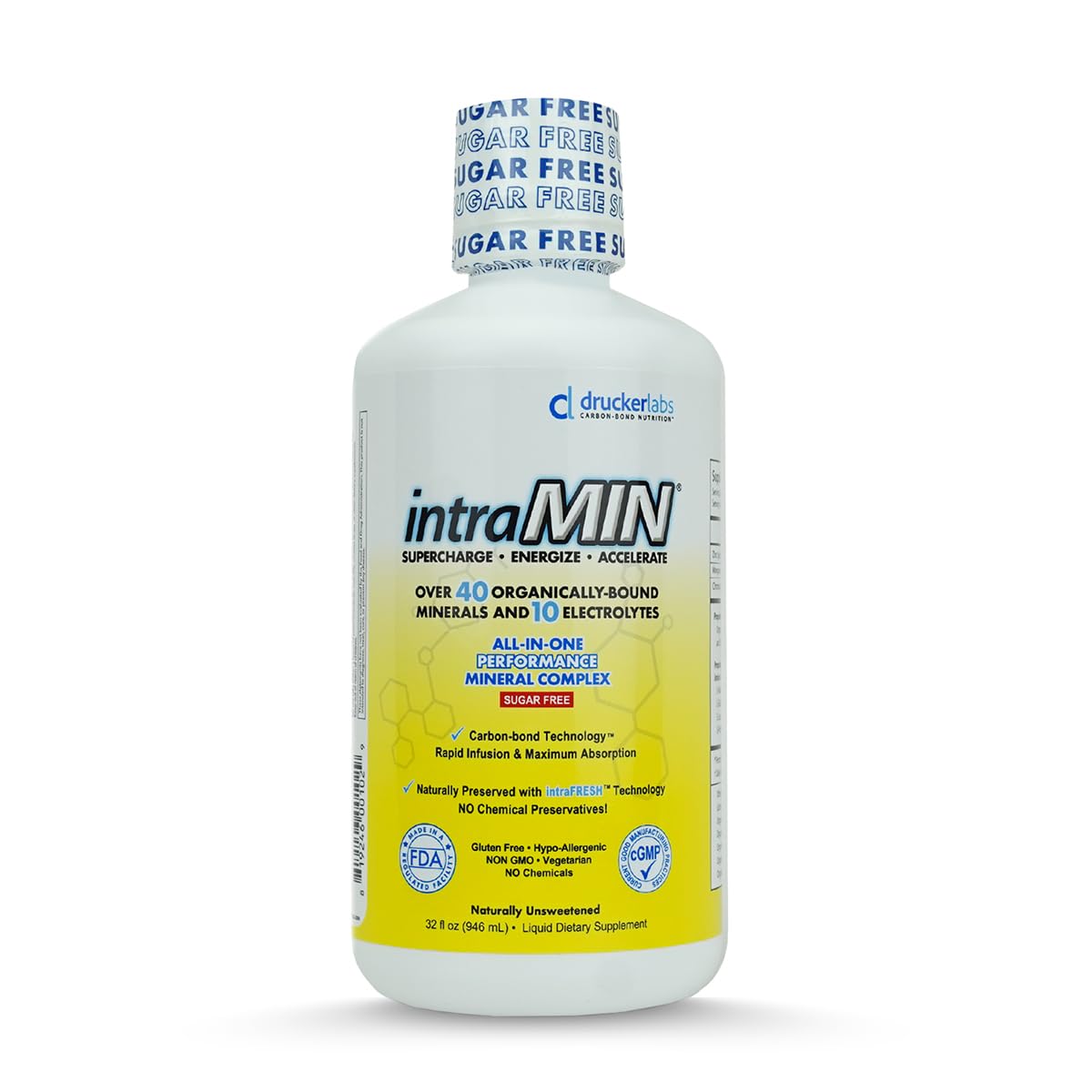 Drucker Labs - intraMIN Organic Liquid Minerals Supplement for Men, Women, Kids, Immune and Muscle Support, Non GMO, Gluten Free, Vegan, Electrolytes, Sugar Free (32 oz.,Unflavored)