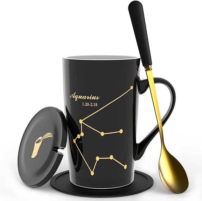 Aquarius Birthday Gifts for Women 15oz Ceramic Coffee Mug with Lid Spoon Coaster Astrology Mugs Upgrade Porcelain Tea Cup(Aquarius Black-Gold)
