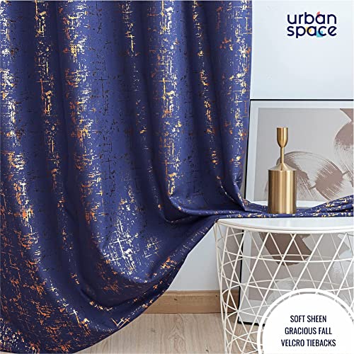 Image of Urban Space 80-85% True Blackout Curtains for Door, Gold Foil Printed Blackout Curtains, Decorative Door Curtain Eyelet with Tieback, 1 Piece Curtain for Living Room(Sparkle Navy Blue, 7 Feet)