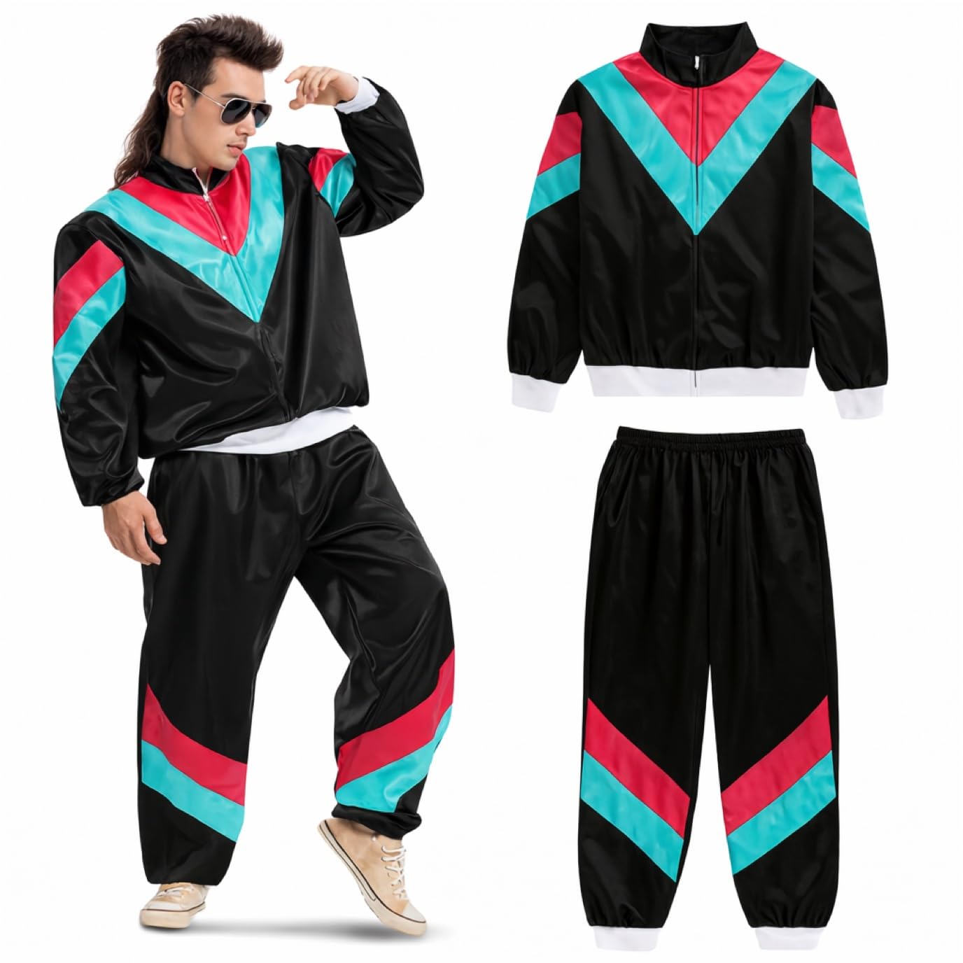 80er 90er Jahre Outfit Retro Bad Taste - Trainingsanzug Overall - Herren & Damen - Fasching & Karneval - Jogginganzug (Schwarz, L/XL)