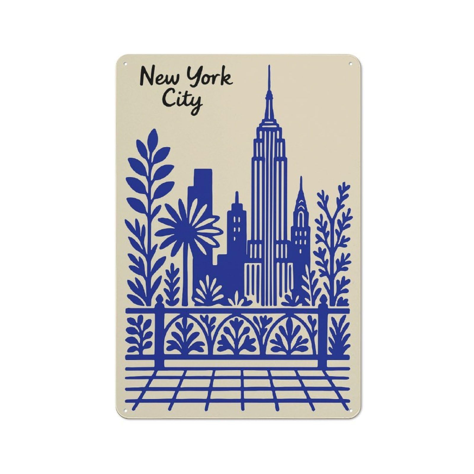 Junmoney Style-22 Tin Wall Plaque 30X20cm With New York City Blue Illustration For Garage Wall, Suited To People Furnishing A Garage