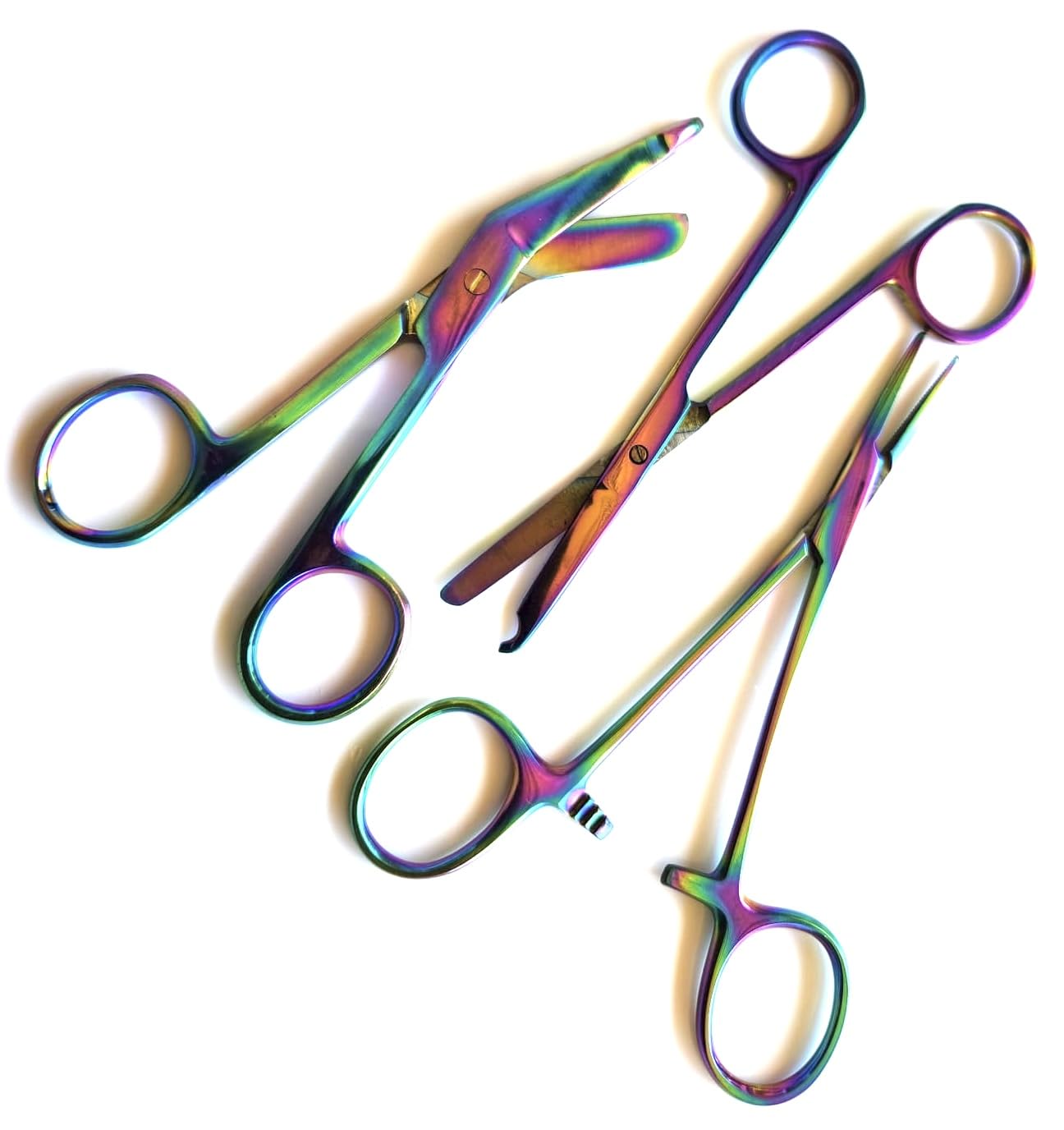 Hemostat and Scissors with Multicolor Titanium Coating - Set of 3 - Suture Removal Scissors, Lister Bandage Scissors, Hemostatic Forceps (Multi-Color)