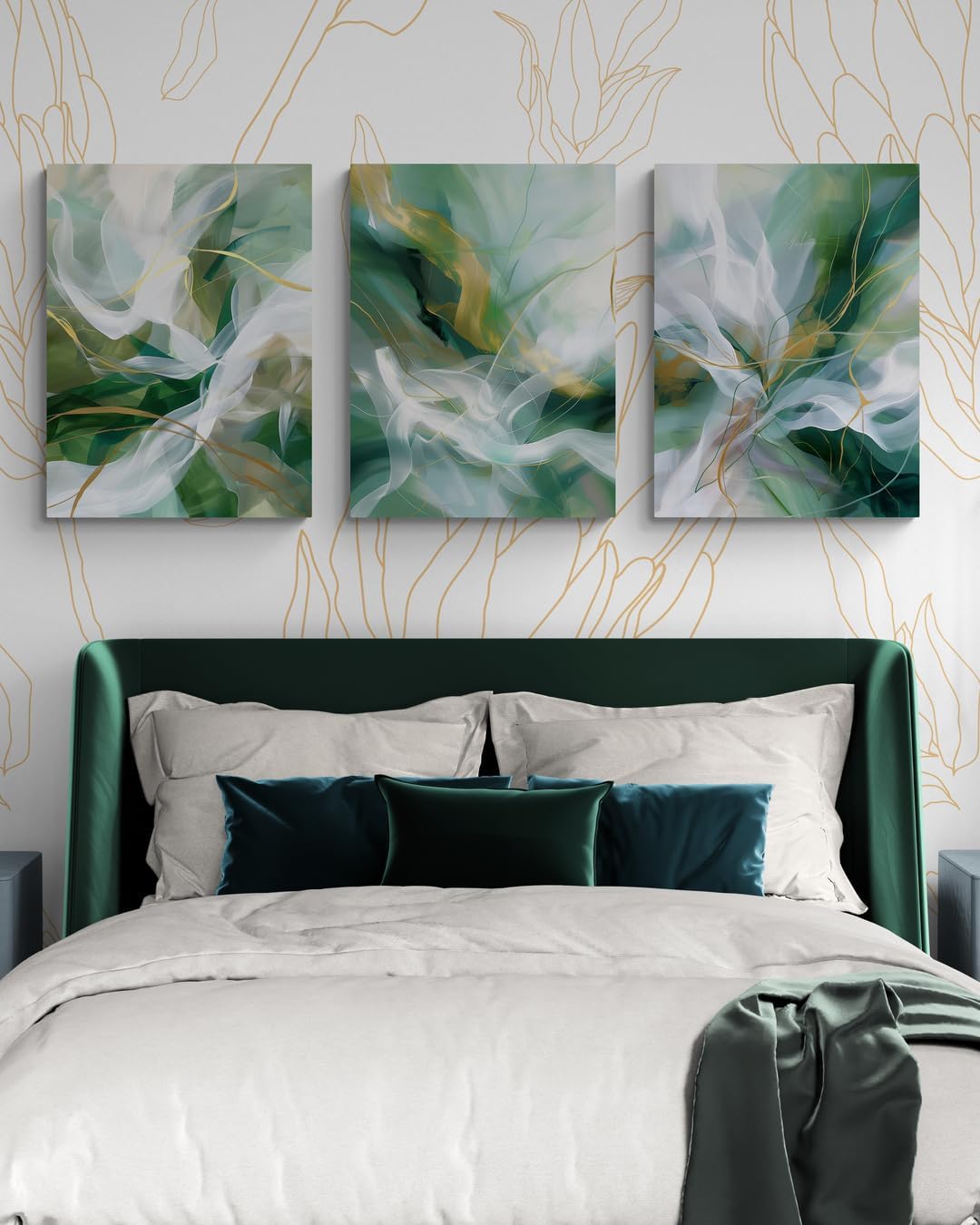 Condition photo showing New/Like New for artnft abstract wall art painting, green and gold wall decor home decor, set of 3 white canvas wall art for living room, bedroom kitchen wall art prints bathroom decorations 36''x16'' abstract04 wrapped canvas 36''x16''