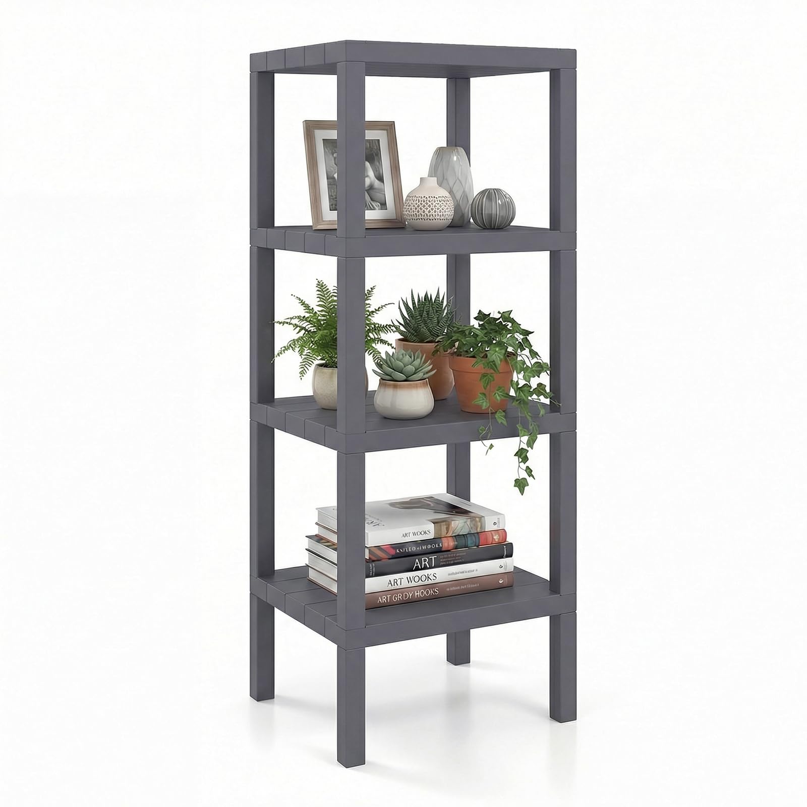 SFAREST 4-Tier Corner Bookshelf, Freestanding Display Rack Shelf Stand with Open Slatted Shelves, Narrow Ladder Storage Organizer Unit for Home Office Living Room Kitchen Bathroom (Grey, Rectangle)